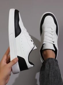 男士透氣繫帶雙色運動鞋,運動戶外板鞋 - 黑與白 - 查看 1