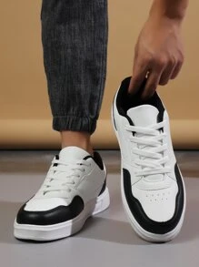 男士透氣繫帶雙色運動鞋,運動戶外板鞋 - 黑與白 - 查看 2