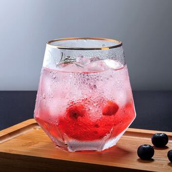 300ml六角菱形玻璃杯創意水晶品酒杯酒杯金邊果汁飲料水杯飲具