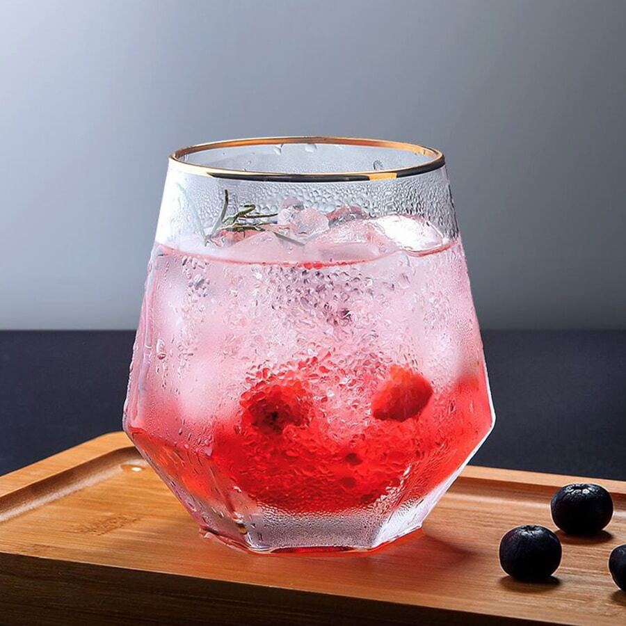 300ml六角菱形玻璃杯創意水晶品酒杯酒杯金邊果汁飲料水杯飲具 - 無色 - 查看 1