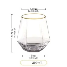 300ml六角菱形玻璃杯創意水晶品酒杯酒杯金邊果汁飲料水杯飲具 - 無色 - 查看 2