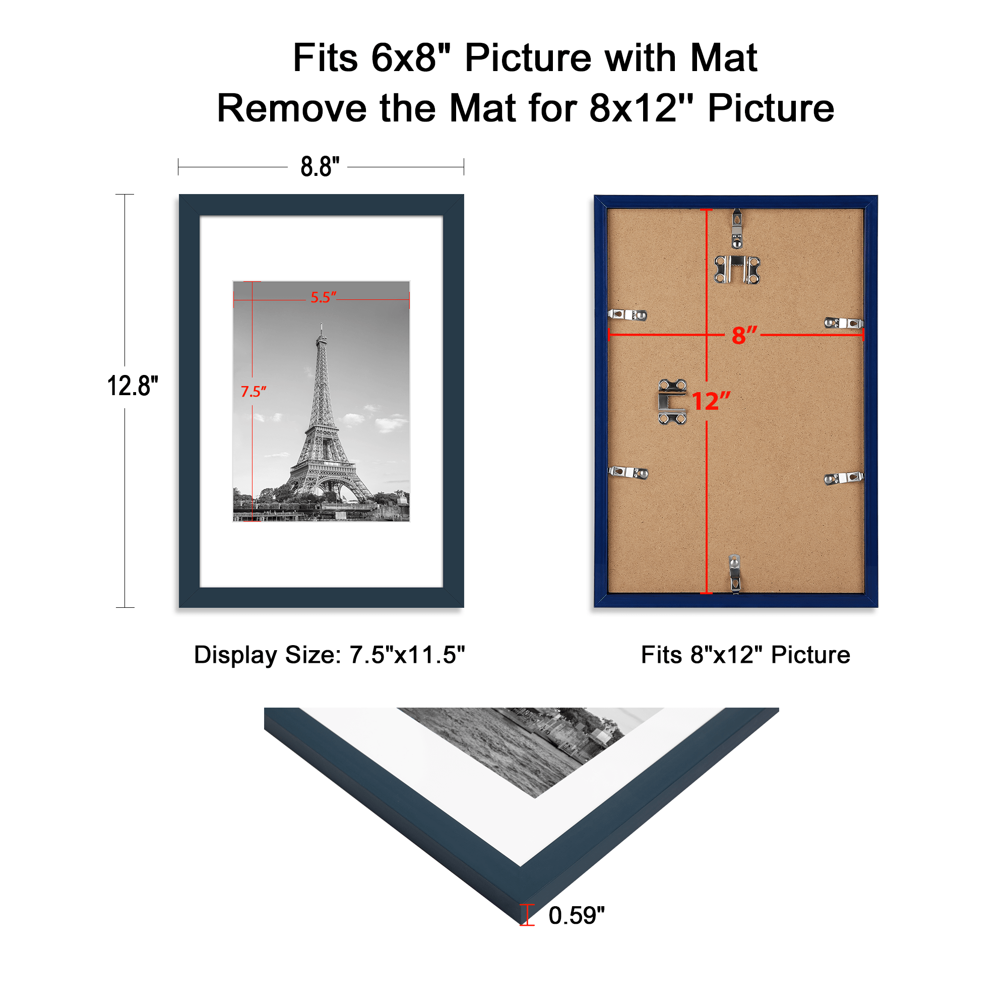 Upsimples 5 Pcs 8x12 Picture Frame, Display Pictures 6x8 with Mat or
