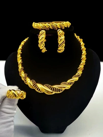 女士镀金首饰套装（4件套），包括项链、耳环、戒指、手链，新娘配饰