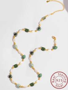 1 Bộ S925 Màu bạc Bộ trang sức , Bao gồm Dây chuyền Và Vòng lặp Hoa tai , Với Tự nhiên Màu ngọc lam Và lột vỏ Chất liệu , Có thể điều chỉnh , Nguyên bản Thủ công Kết cườm Đồ trang sức Qủa tặng Đối với phụ nữ , Lễ hội - Vàng - Xem 4