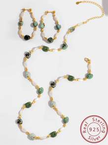 1 Bộ S925 Màu bạc Bộ trang sức , Bao gồm Dây chuyền Và Vòng lặp Hoa tai , Với Tự nhiên Màu ngọc lam Và lột vỏ Chất liệu , Có thể điều chỉnh , Nguyên bản Thủ công Kết cườm Đồ trang sức Qủa tặng Đối với phụ nữ , Lễ hội - Vàng - Xem 1