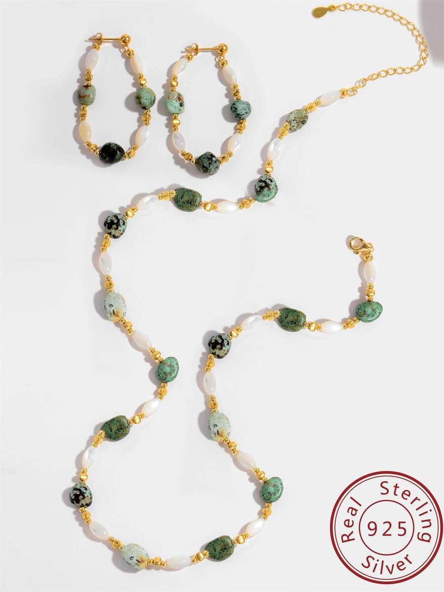 1 Bộ S925 Màu bạc Bộ trang sức , Bao gồm Dây chuyền Và Vòng lặp Hoa tai , Với Tự nhiên Màu ngọc lam Và lột vỏ Chất liệu , Có thể điều chỉnh , Nguyên bản Thủ công Kết cườm Đồ trang sức Qủa tặng Đối với phụ nữ , Lễ hội - Vàng - Xem 1