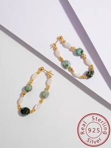 1 Bộ S925 Màu bạc Bộ trang sức , Bao gồm Dây chuyền Và Vòng lặp Hoa tai , Với Tự nhiên Màu ngọc lam Và lột vỏ Chất liệu , Có thể điều chỉnh , Nguyên bản Thủ công Kết cườm Đồ trang sức Qủa tặng Đối với phụ nữ , Lễ hội - Vàng - Xem 3