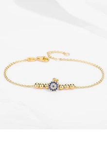 Kaletine 1pc 925 Sterling Silver Beaded Evil Eye Bracelet - Gold - View 3