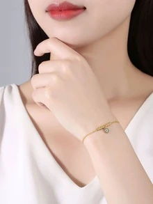 Kaletine 1pc 925 Sterling Silver Beaded Evil Eye Bracelet - Gold - View 5