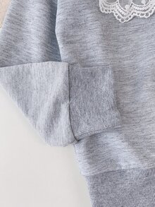 2入組少女休閒運動素色蕾絲拼接翻領衛衣運動褲套裝春秋 - 灰色 - 查看 5