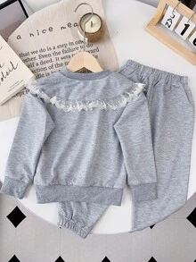 2入組少女休閒運動素色蕾絲拼接翻領衛衣運動褲套裝春秋 - 灰色 - 查看 2