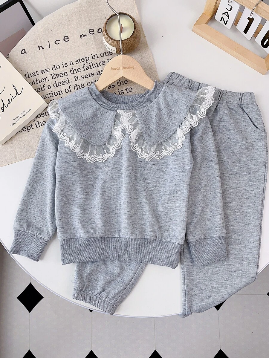 2入組少女休閒運動素色蕾絲拼接翻領衛衣運動褲套裝春秋 - 灰色 - 查看 1