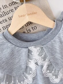 2入組少女休閒運動素色蕾絲拼接翻領衛衣運動褲套裝春秋 - 灰色 - 查看 3