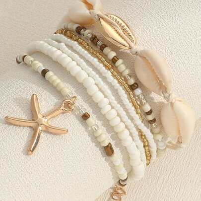 7pcs Bohemian Style Beaded Bracelets With Shell, Beads & Starfish Pendants For Women (Bead Colors Are Randomly Matched)