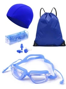 6pcs Solid Swimming Cap & Swimming Goggles With Case & Nose Clip & Earplug & Storage Bag - Blue - View 1