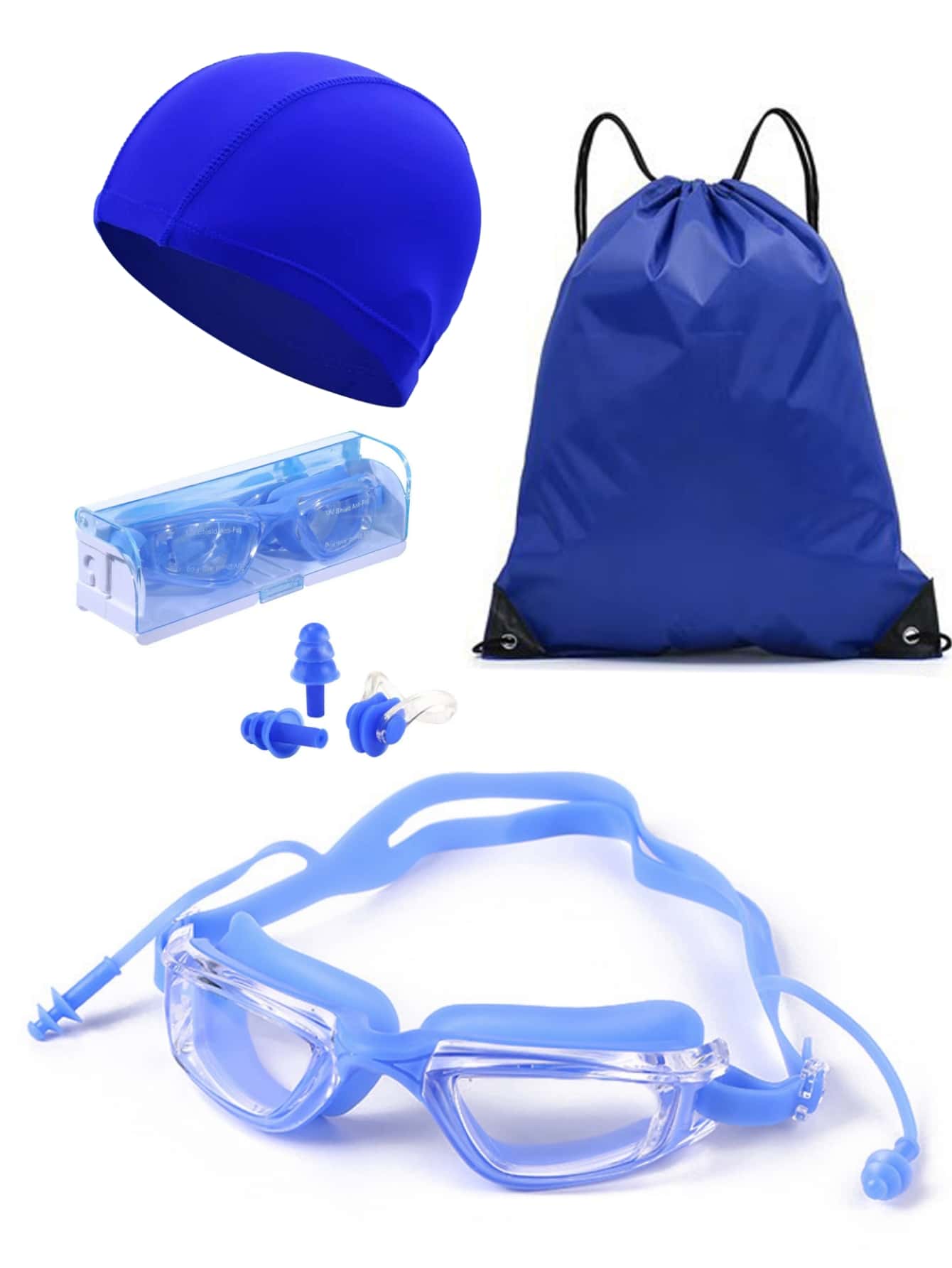6pcs Solid Swimming Cap & Swimming Goggles With Case & Nose Clip & Earplug & Storage Bag - Blue - View 1