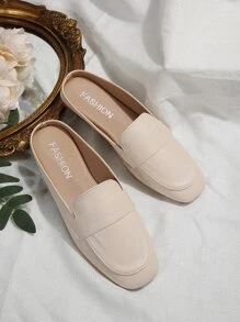Fashionable Women's Flat Mules, Minimalist Square Toe Slippers - Beige - View 3