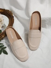 Fashionable Women's Flat Mules, Minimalist Square Toe Slippers - Beige - View 5