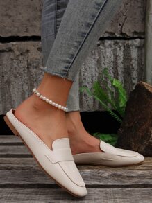 Fashionable Women's Flat Mules, Minimalist Square Toe Slippers - Beige - View 2