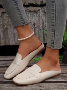 Fashionable Women's Flat Mules, Minimalist Square Toe Slippers - Beige - View 1