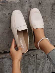 Fashionable Women's Flat Mules, Minimalist Square Toe Slippers - Beige - View 4