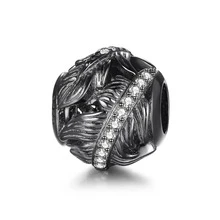 LOVANS 925純銀珠子黑色羽毛圖案造型方晶鋯石釘珠吊墜適用於手環項鍊DIY