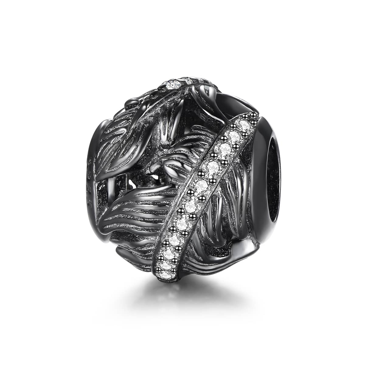 LOVANS 925純銀珠子黑色羽毛圖案造型方晶鋯石釘珠吊墜適用於手環項鍊DIY