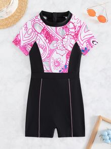 女士花卉印花一件式水肺潛水衣,內含百慕大短褲 - 黑色 - 查看 1