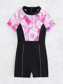 女士花卉印花一件式水肺潛水衣,內含百慕大短褲 - 黑色 - 查看 2