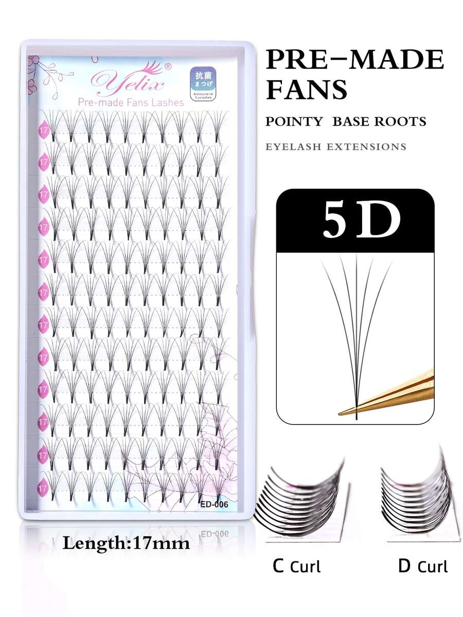 yelix 12 Rows 5D Pointy Base Pre-made Fan Eyelash Extensions 5 Roots Clusters Volume Loose Fans Lash 0.05/0.07mm Thickness 17mm Length - Black - View 1