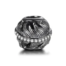 LOVANS 925純銀珠子黑色羽毛圖案造型方晶鋯石釘珠吊墜適用於手環項鍊DIY