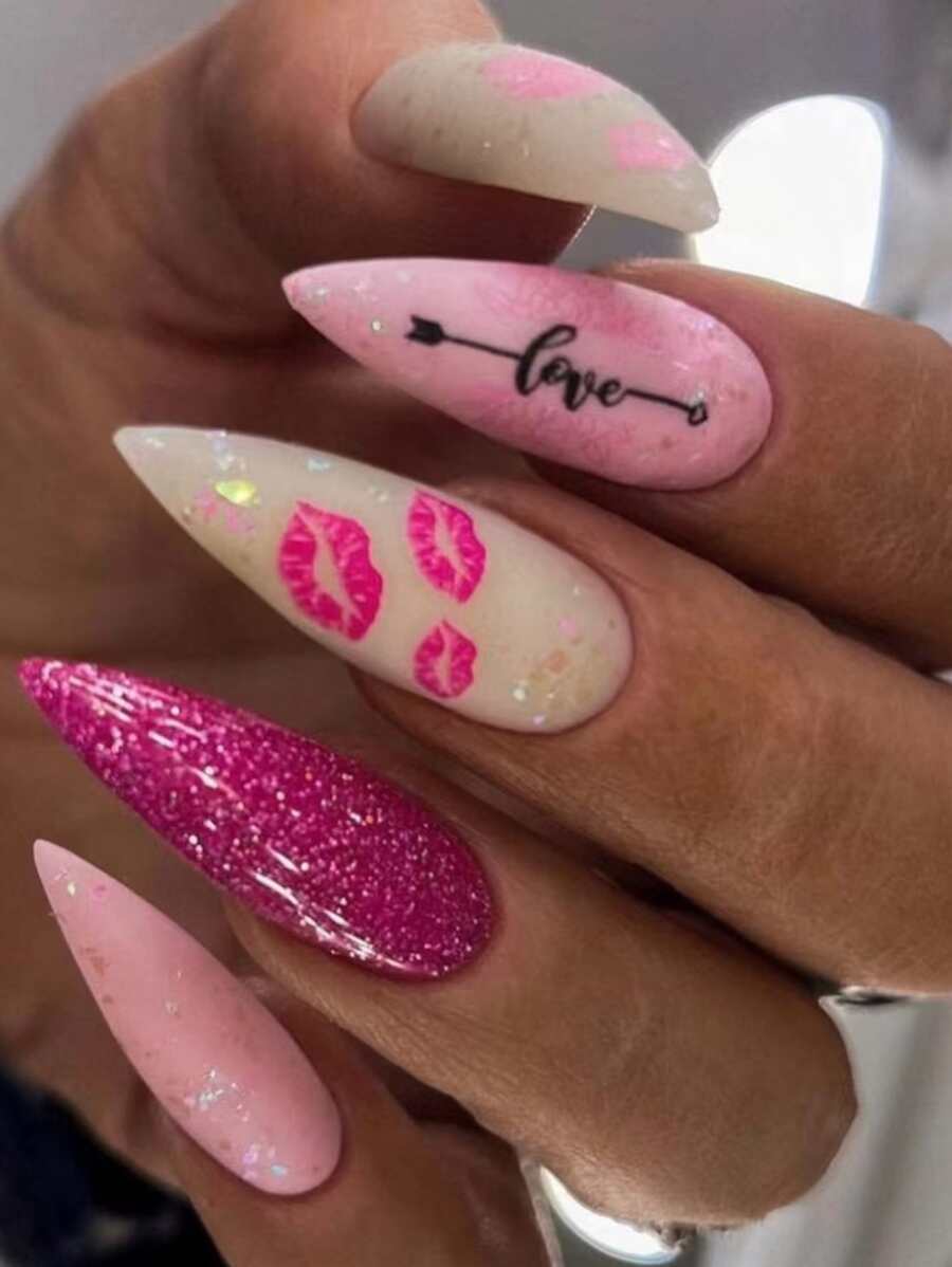 擁有24入組長尖浪漫情人節風格粉紅唇閃亮可穿戴假指甲，適合女士，按壓式指甲和美甲用品，讓你升級你的風格 - 彩色 - 查看 1