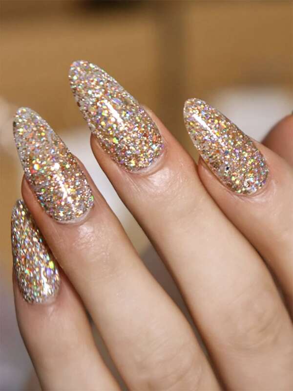 VV MEI JIA ER 24Pcs Champagne Glossy Press On Nails Almond With UV Coating Gold Nails Medium Almond Full Cover False Nails Press On Acrylic Nails Shiny Stick On Nails Fake Nails For Women And Girls & 1sheet Tape & 1pc Nail File