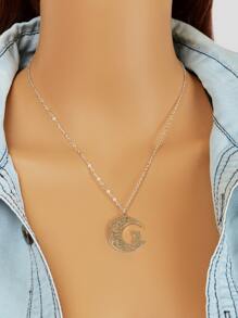 鏤空貓和月亮墜飾項鍊 - 銀色 - 查看 2