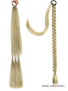 长款编织马尾辫接发，带发圈，直发环绕式合成发，自然柔软，适合女性日常佩戴，26英寸/30英寸/34英寸，1件装，棕色/深棕色，适合圣诞节、新年、狂欢节、音乐节等场合。 - 拼色 - 查看 3