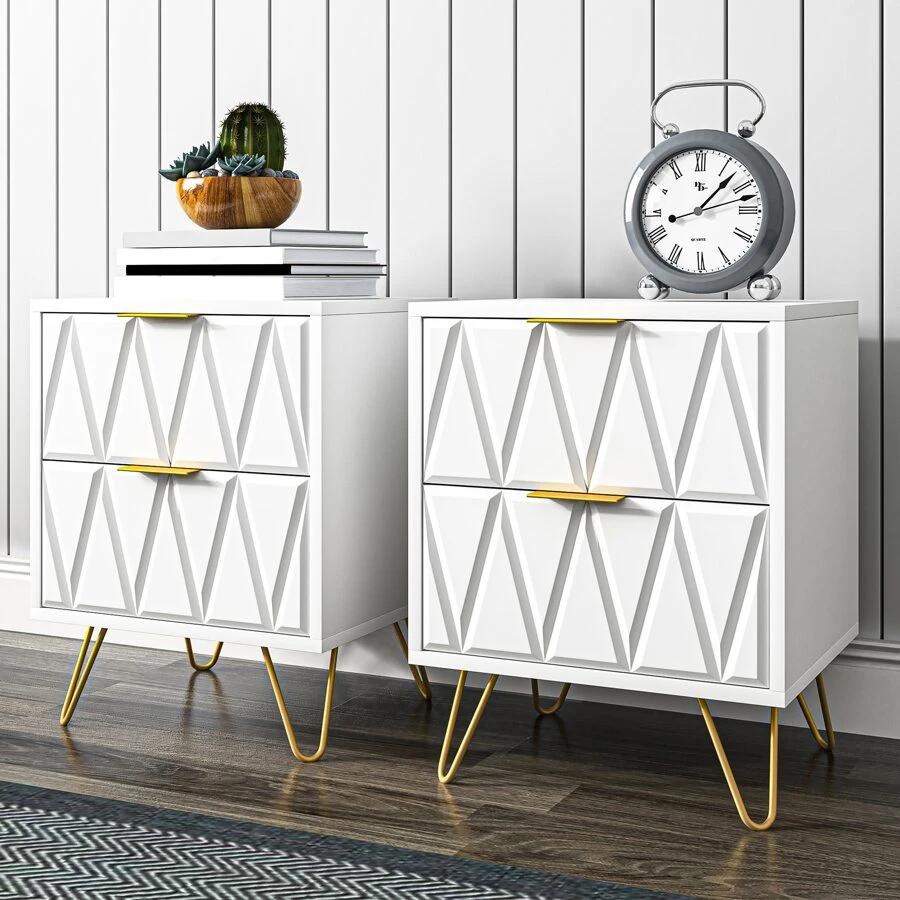VERYKE Nightstand Set Of 2, End Side Table Double, Modern Bedside Table With 2 Drawers, Dual Night Stand Metal Legs For Bedroom Living Room - 白色 - 查看 1