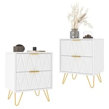 VERYKE Nightstand Set Of 2, End Side Table Double, Modern Bedside Table With 2 Drawers, Dual Night Stand Metal Legs For Bedroom Living Room - 白色 - 查看 8