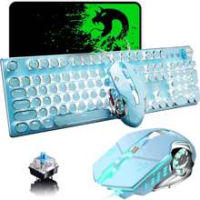 Pink Typewriter Keyboard and Mouse,Retro Vintage Mechanical Gaming Keyboard with White LED Backlit,104 Keys Anti-Ghosting Blue Switch Wired Cute Keyboard,Round Keycaps for Desktop PC/Laptop Mac - 藍色 - 查看 1
