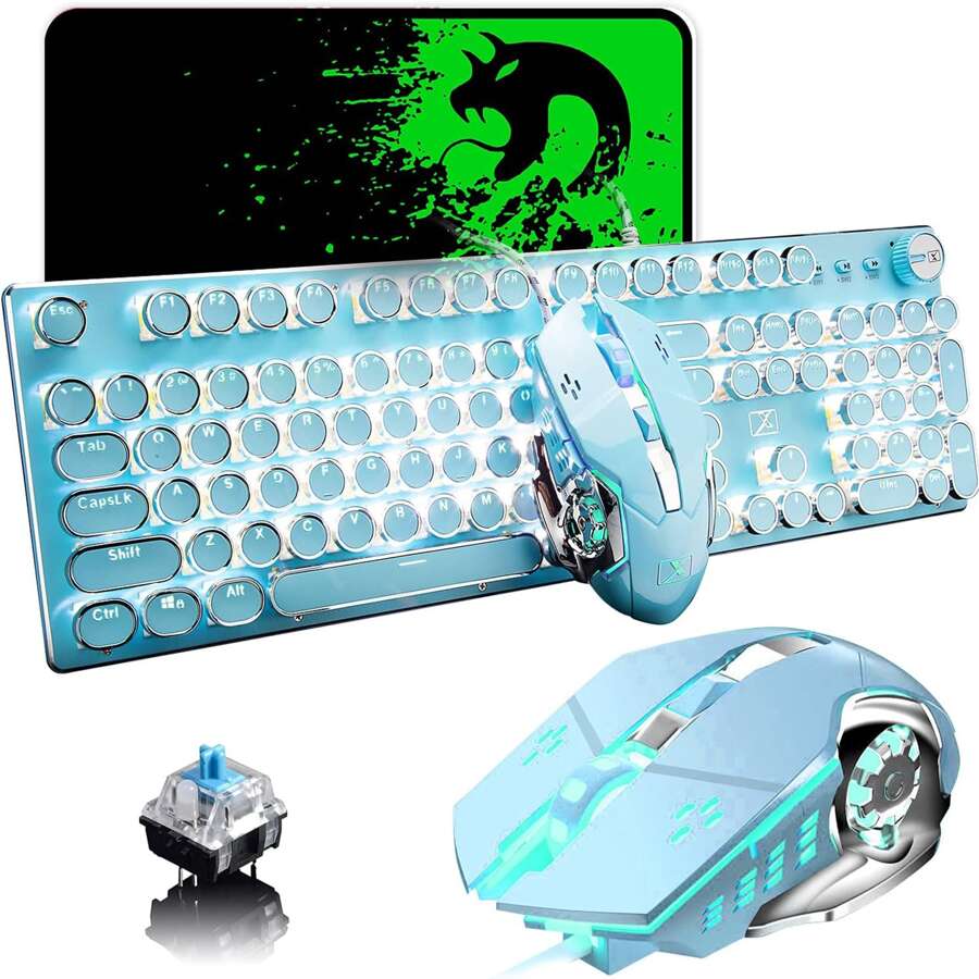 Pink Typewriter Keyboard and Mouse,Retro Vintage Mechanical Gaming Keyboard with White LED Backlit,104 Keys Anti-Ghosting Blue Switch Wired Cute Keyboard,Round Keycaps for Desktop PC/Laptop Mac - 藍色 - 查看 1