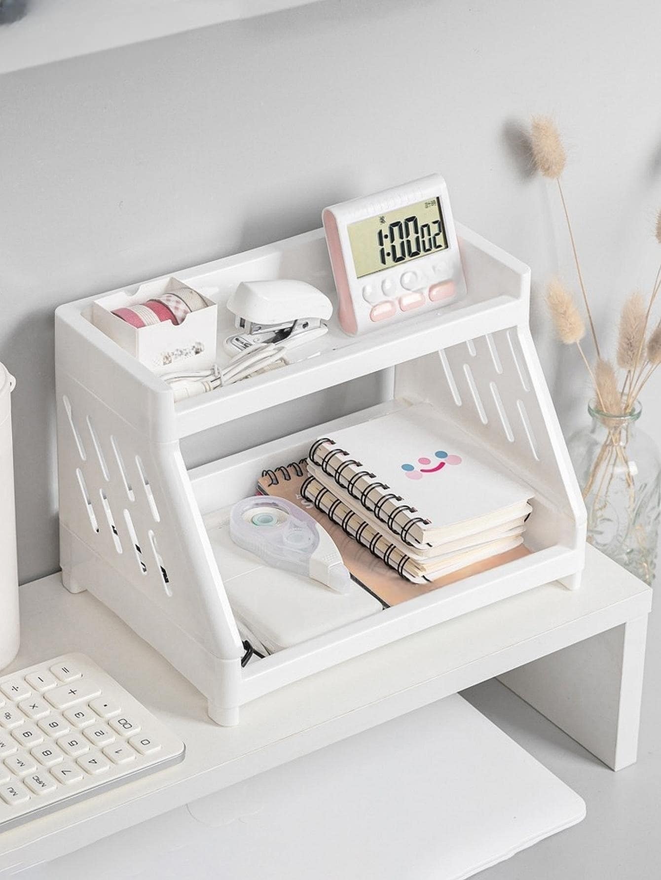 1pc Creative Double Layer Hollow Plastic Storage Rack For Stationery And Office Supplies - White - View 1