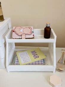 1pc Creative Double Layer Hollow Plastic Storage Rack For Stationery And Office Supplies - White - View 2