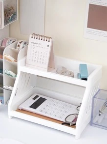 1pc Creative Double Layer Hollow Plastic Storage Rack For Stationery And Office Supplies - White - View 4