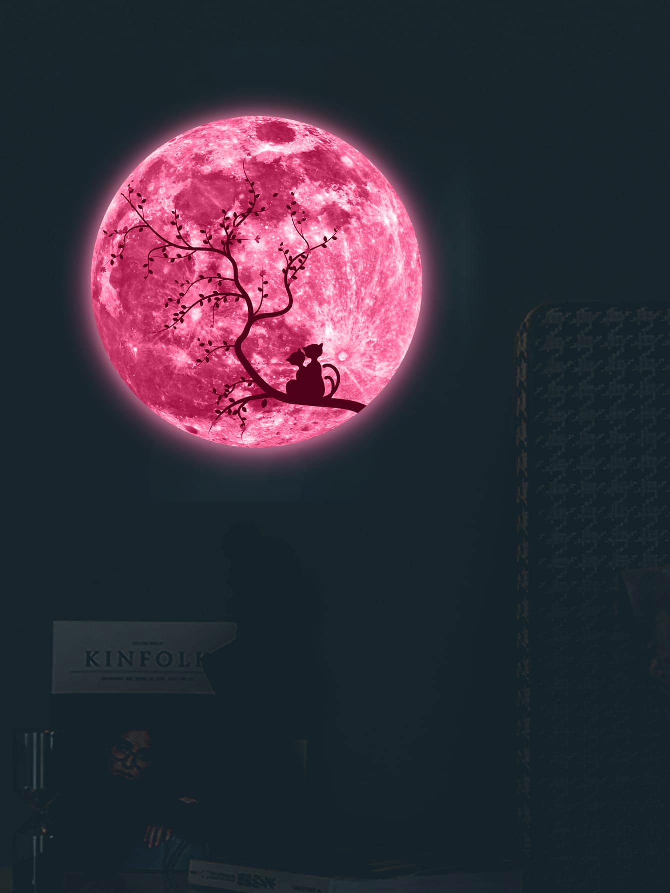 1pc Cat & Moon Glow-In-The-Dark PVC Self-Adhesive Removable Wall Sticker For Baby Room And Study, Stickers, Wall Decal, Vinyl Decal For Home Decorations, Spring Decoration Items Refresh Your Home, Rama Decoration Stickers Gifts Birthday Graduation - Pink - View 1