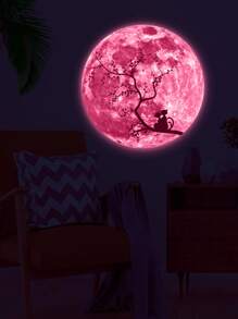 1pc Cat & Moon Glow-In-The-Dark PVC Self-Adhesive Removable Wall Sticker For Baby Room And Study, Stickers, Wall Decal, Vinyl Decal For Home Decorations, Spring Decoration Items Refresh Your Home, Rama Decoration Stickers Gifts Birthday Graduation - Pink - View 4
