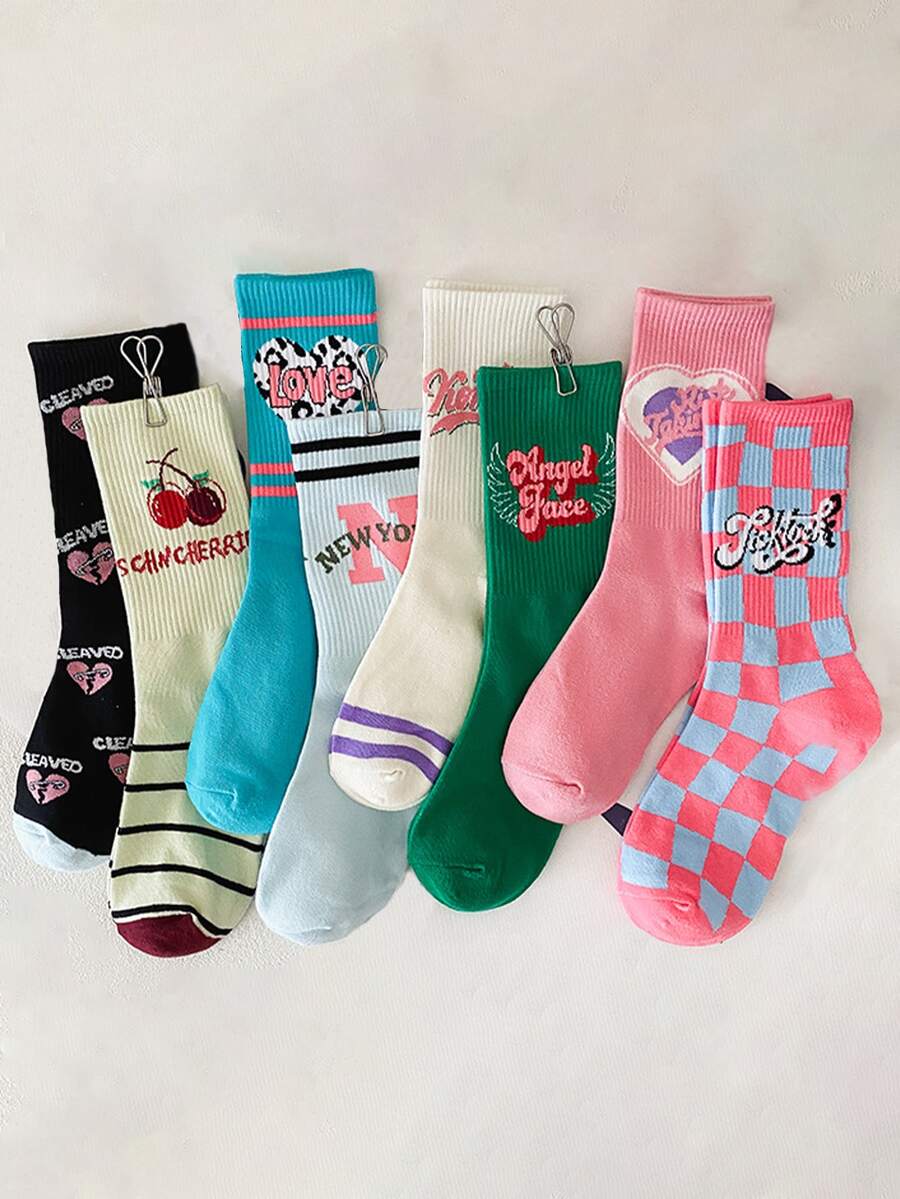 8 pares de calcetines divertidos y personalizados con letras hasta el tobillo para mujeres - Multicolor - Ver 1