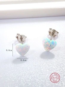 2pcs Simple & Versatile Heart Shaped Lab Opal Stud Earrings For Women, 925 Sterling Silver Holiday Valentines