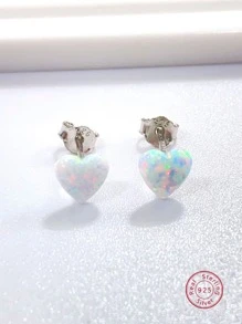 2pcs Simple & Versatile Heart Shaped Lab Opal Stud Earrings For Women, 925 Sterling Silver Holiday Valentines