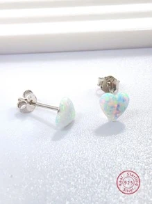 2pcs Simple & Versatile Heart Shaped Lab Opal Stud Earrings For Women, 925 Sterling Silver Holiday Valentines