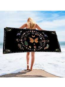 Orange Butterfly Moon & Flower Print Microfiber Beach Towel, Quick Dry Bohemian Floral Plant Sand-Free Towel For Adults Mandala Bath Towel Shower Towels For Beauty Salon, Hotel Sports, Home Essentials, Towel, Skin Care Bath Towel Sheet