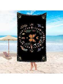 Orange Butterfly Moon & Flower Print Microfiber Beach Towel, Quick Dry Bohemian Floral Plant Sand-Free Towel For Adults Mandala Bath Towel Shower Towels For Beauty Salon, Hotel Sports, Home Essentials, Towel, Skin Care Bath Towel Sheet